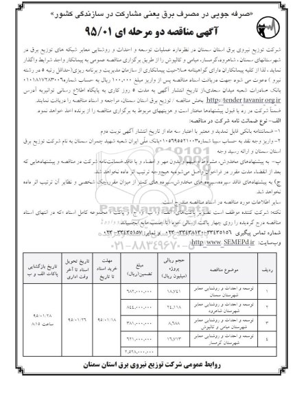 مناقصه , مناقصه عملیات توسعه  و احداث و روشنایی معابر شبکه های توزیع برق