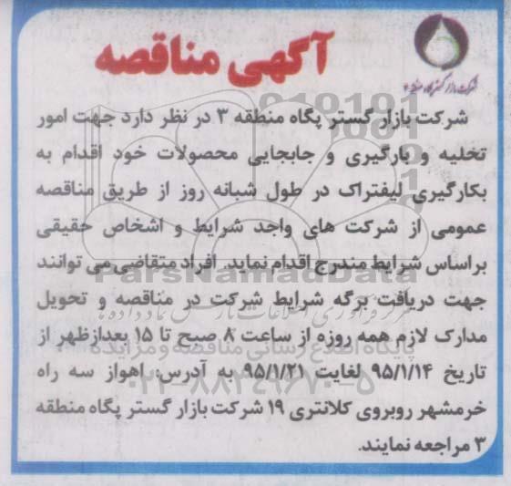 آگهی مناقصه , مناقصه بکارگیری لیفتراک در طول شبانه روز جهت امور تخلیه و بارگیری و جابجایی محصولات 