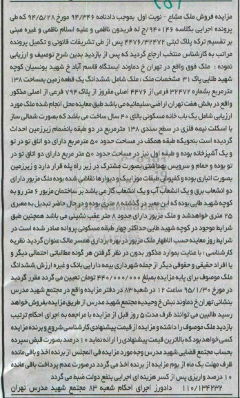 مزایده,مزایده ملک مشاع ششدانگ زمین 138متر نوبت اول