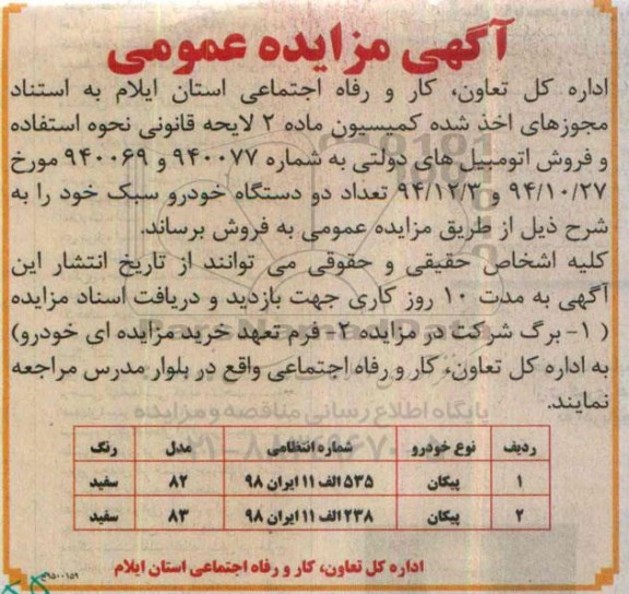 مزایده عمومی , مزایده عمومی تعداد دو دستگاه خودرو سبک
