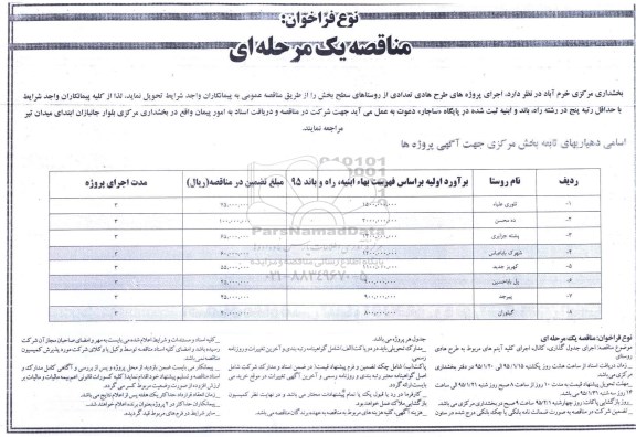 مناقصه یک مرحله ای , مناقصه اجرای پروژه های طرح هادی تعدادی از روستاهای سطح بخش