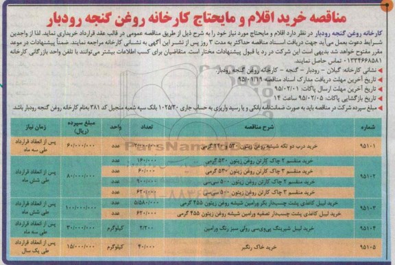 مناقصه , مناقصه خرید درب دو تکه شیشه روغن زیتون 530 و 240 گرمی