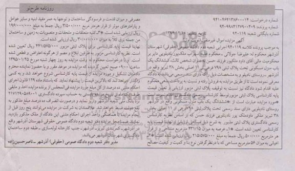 مزایده,مزایده کلاسه 940119 ششدانگ منزل مسکونی بخش سی و هشت تبریز 