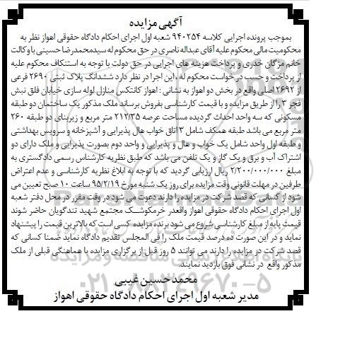 مزایده,مزایده کلاسه 940254 پلاک ثبتی ساختمان دو طبقه مسکونی عرصه 212/35متر