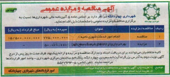 آگهی مناقصه و مزایده عمومی,مزایده بهره برداری از خانه های فرهنگ سطح شهر