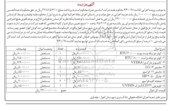 مزایده ,مزایده کولر دو تیکه وست پونت BTU30/000 ...
