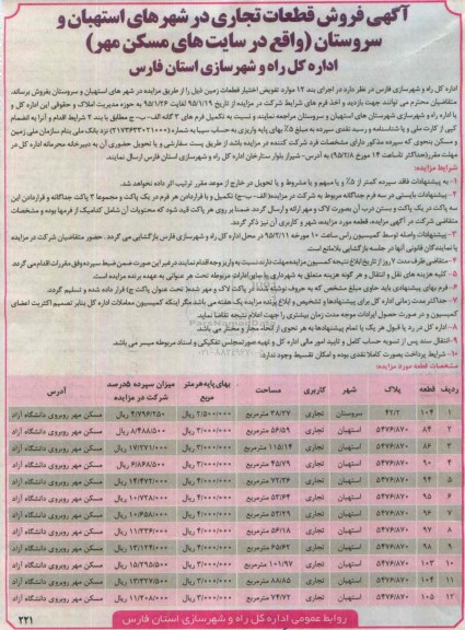 مزایده,مزایده فروش قطعات تجاری در شهرهای استهبان و سروستان 