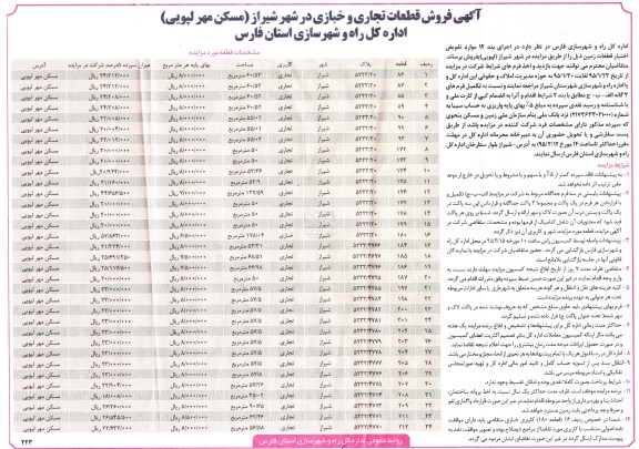 مزایده,مزایده فروش قطعات تجاری و خبازی در شهر شیراز مسکن مهر لپویی