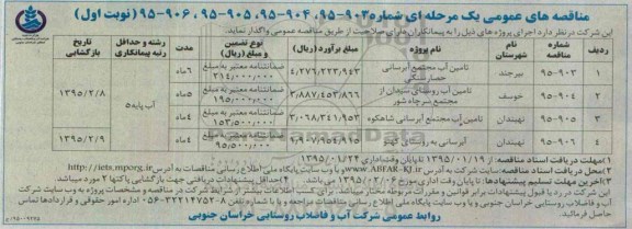 مناقصه های عمومی یک مرحله ای,مناقصه تامین آب مجتمع آبرسانی