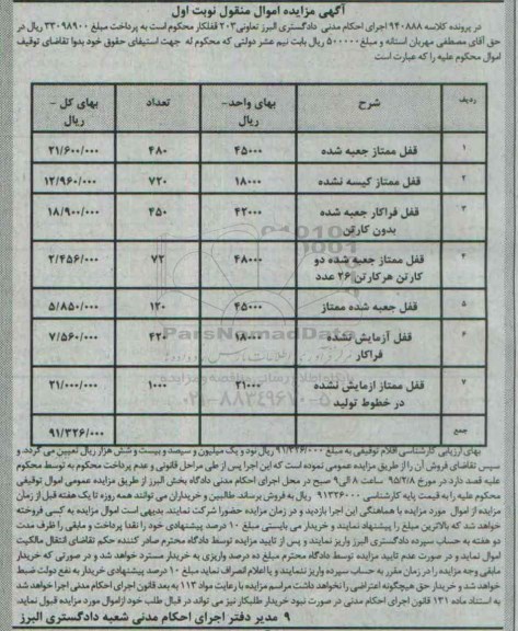 آگهی مزایده اموال منقول,مزایده فروش قفل ممتاز جعبه شده ، قفل ممتاز کیسه شده .....
