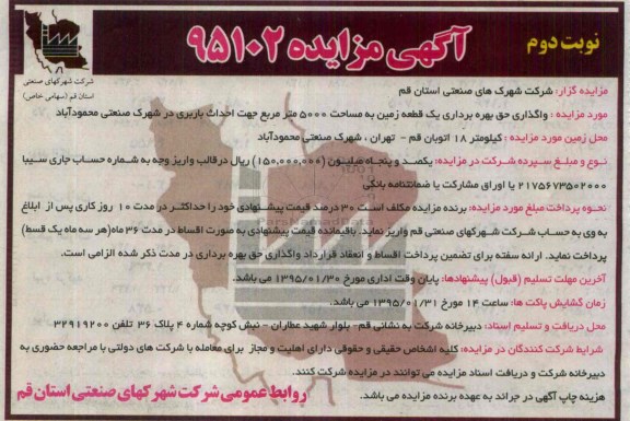 مزایده , مزایده واگذاری حق بهره برداری یک قطعه زمین به مساحت 5000 متر مربع جهت احداث باربری نوبت دوم