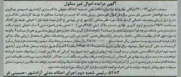 مزایده,مزایده ملک بخش هشت حوزه ثبتی اموال غیرمنقول اجرایی 940099