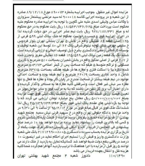 مزایده,مزایده ششدانگ زمین به پلاک ثبتی 125.599