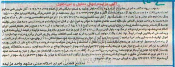 مزایده,مزایده یک سهم و 333 هزارم یک سهم از شش سهم ملک 