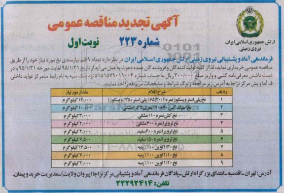 آگهی تجدید مناقصه عمومی, تجدید مناقصه تعداد 9 قلم نیازمندی نخ
