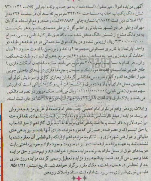 مزایده,مزایده کلاسه 9300031 ششدانگ یکباب خانه اسناد ذمه غیرمنقول