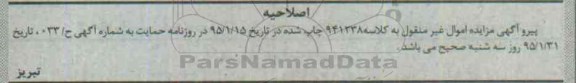 اصلاحیه مزایده,مزایده کلاسه 941238 اپارتمان نود و شش متر -اصلاحیه