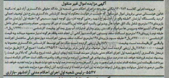 مزایده,مزایده اپارتمان سه طبقه اموال غیرمنقول کلاسه 940284 بایگانی