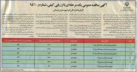آگهی مناقصه عمومی یک مرحله ای , مناقصه جمع آوری و تعمیرات و نصب مجدد گاردریل و ....