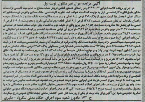 مزایده,مزایده سه دانگ مشاع از ششدانگ عرصه و اعیان اپارتمان