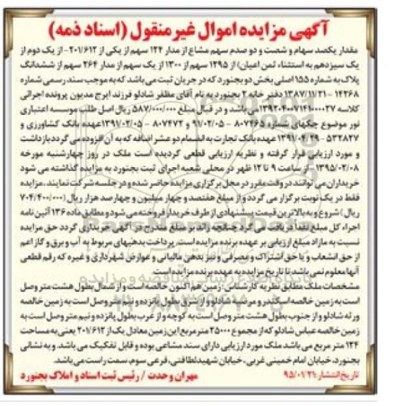 مزایده,مزایده مقدار یکصد سهام و شصت و دو صدم سهم مشاع از مدار 124 سهم اسناد ذمه
