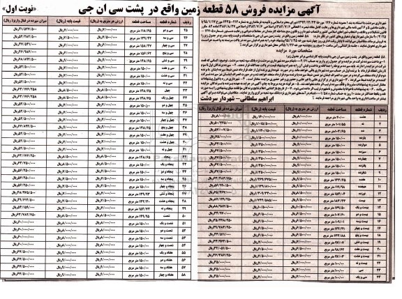 مزایده,مزایده فروش 58 قطعه زمین واقع در پشت سی ان جی