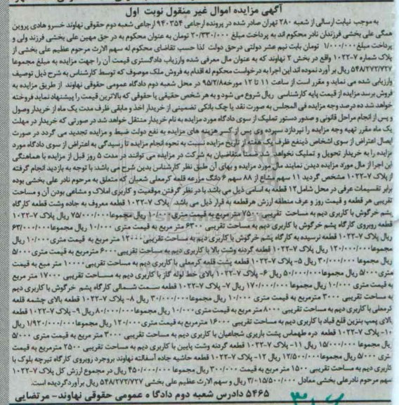 مزایده,مزایده یازده سهم مشاع از 88 سهم ششدانگ مزرعه 
