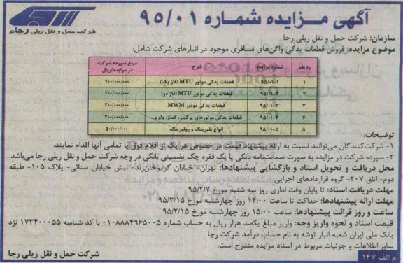 آگهی مزایده,مزایده فروش قطعات یدکی واگن های مسافری