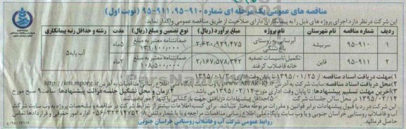 مناقصه های عمومی یک مرحله ای,مناقصه آبرسانی به روستای باغ سنگی ....نوبت اول