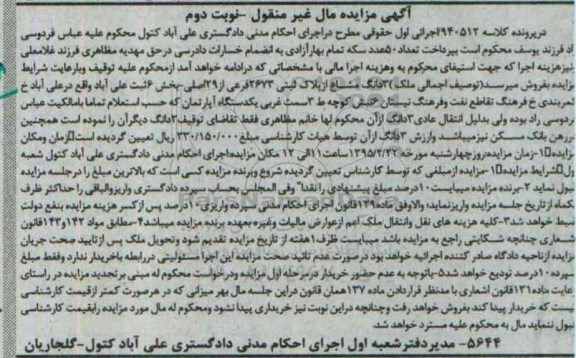 مزایده,مزایده سه دانگ مشاع از پلاک ثبتی بخش شش ثبت علی اباد نوبت دوم