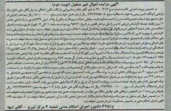 مزایده,مزایده کلاسه 940041.3 ملک با کاربری تجاری عرصه 384متر نوبت دوم
