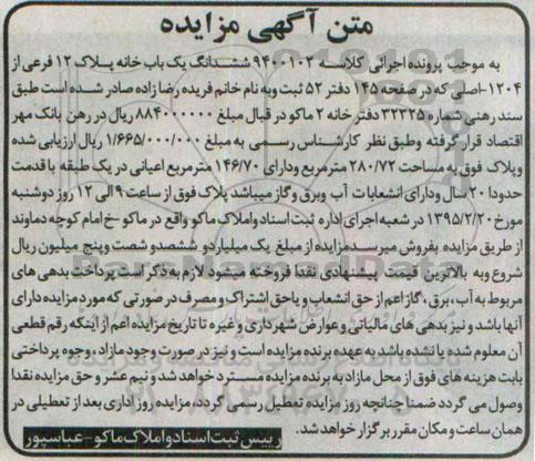 مزایده,مزایده کلاسه 9400102 ششدانگ یکباب خانه قدمت بیست سال