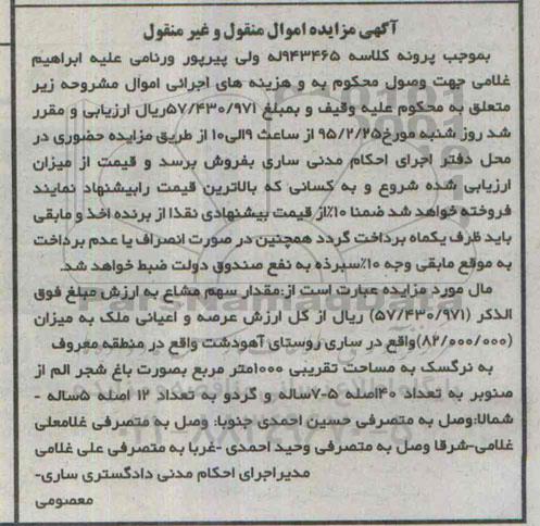مزایده,مزایده مقدار سهم مشاع از کل ارزش عرصه و اعیانی ملک روستای اهودشت