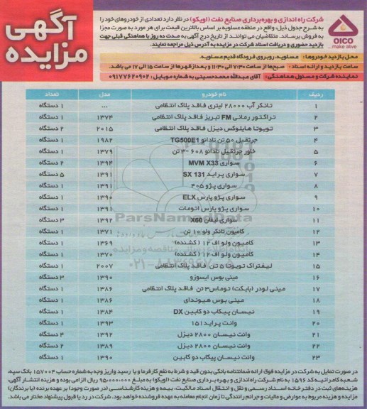 آگهی مزایده, مزایده فروش خودرو