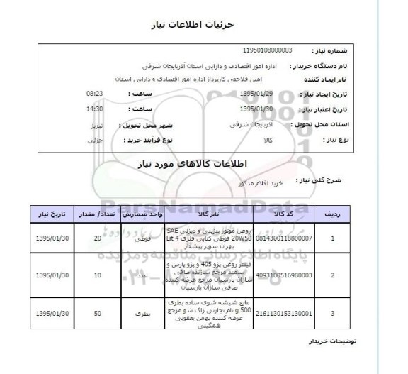 استعلام, استعلام روغن موتور بنزینی