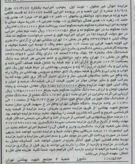 مزایده,مزایده ششدانگ ملک به شماره 94 بلوک 22245 محله چهارده نوبت اول