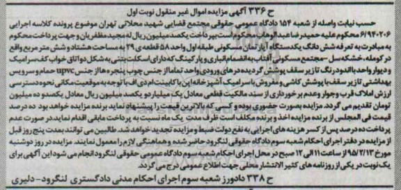 مزایده,مزایده ششدانگ اپارتمان طبقه اول واحد 58 قطعه 29 نوبت اول