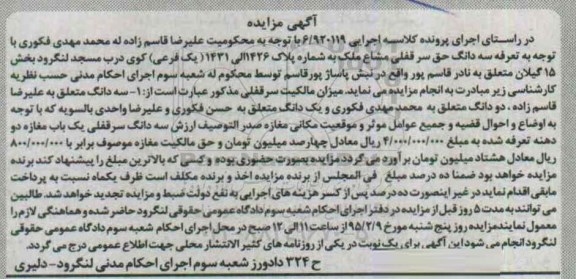 مزایده,مزایده سه دانگ حق سرقفلی مشاع ملک