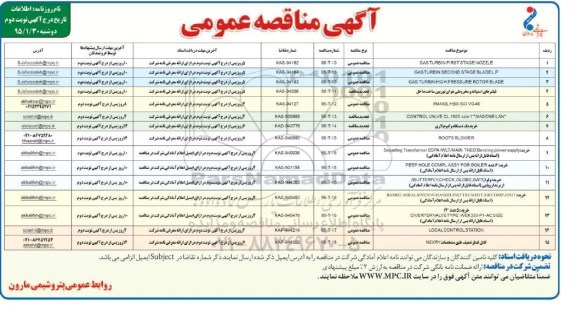 آگهی مناقصه عمومی , مناقصه GAS TURBIN FIRST STAGE NOZZLE... نوبت دوم