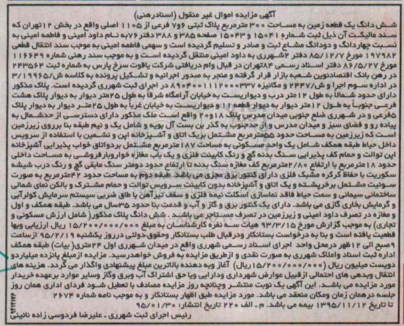 مزایده,مزایده ششدانگ زمین 300متر پلاک ثبتی 6و7 فرعی بخش 12 