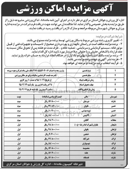 آگهی مزایده, مزایده اماکن ورزشی سالن نهرمیان و.....