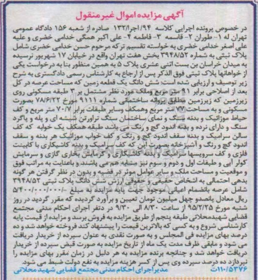 مزایده,مزایده پلاک ثبتی کلاسه 94 اجرا 132 