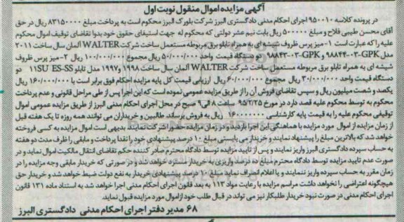 آگهی مزایده اموال منقول,مزایده میز پرس ظروف شیشه ای به همراه تابلو برق