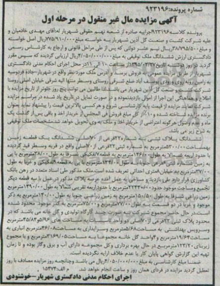 مزایده,مزایده پلاک ثبتی یک قطعه زمین قریه وسطر