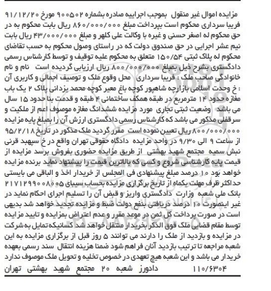 مزایده,مزایده یکباب مغازه 14متر در طبقه همکف ساختمانی 4 طبقه