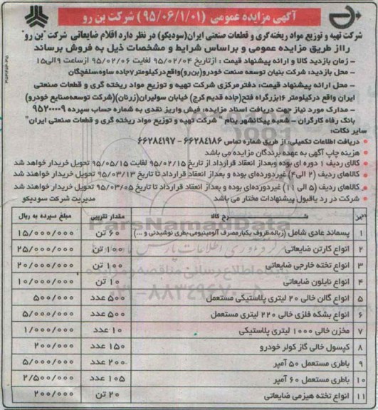 آگهی مزایده عمومی, مزایده فروش اقلام ضایعاتی از قبیل پسماند عادی شامل زباله، ظروف یکبار مصرف و ...