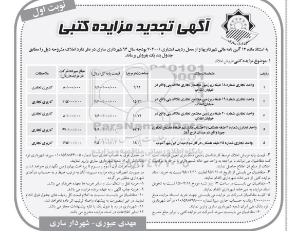 مزایده,مزایده املاک شامل 5 واحد تجاری نوبت اول 