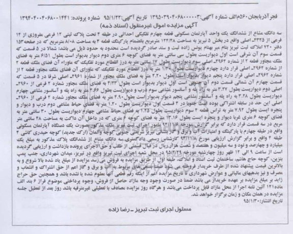 مزایده,مزایده سه دانگ مشاع از ششدانگ اپارتمان مسکونی قطعه 4 احداثی 