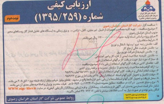 ارزیابی کیفی , ارزیابی کیفی تهیه کلیه مصالح و تجهیزات از قبیل تیر بتونی ، کابل ، ترانس و... نوبت دوم 
