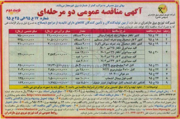 مناقصه عمومی , مناقصه عمومی کنتور تکفاز دیجیتال چند تعرفه ترمینالی ...نوبت دوم